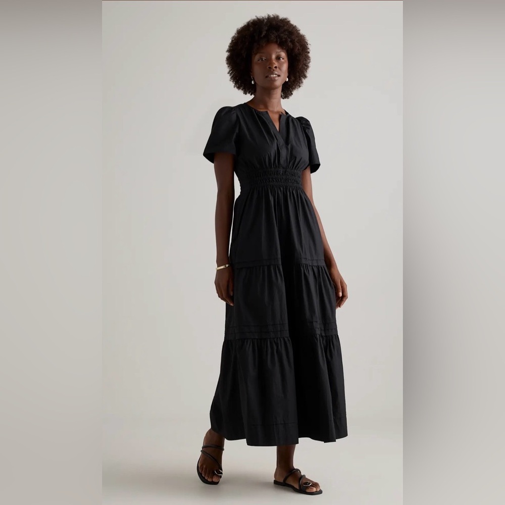 Quince Black Maxi Dress with Puff Sleeves